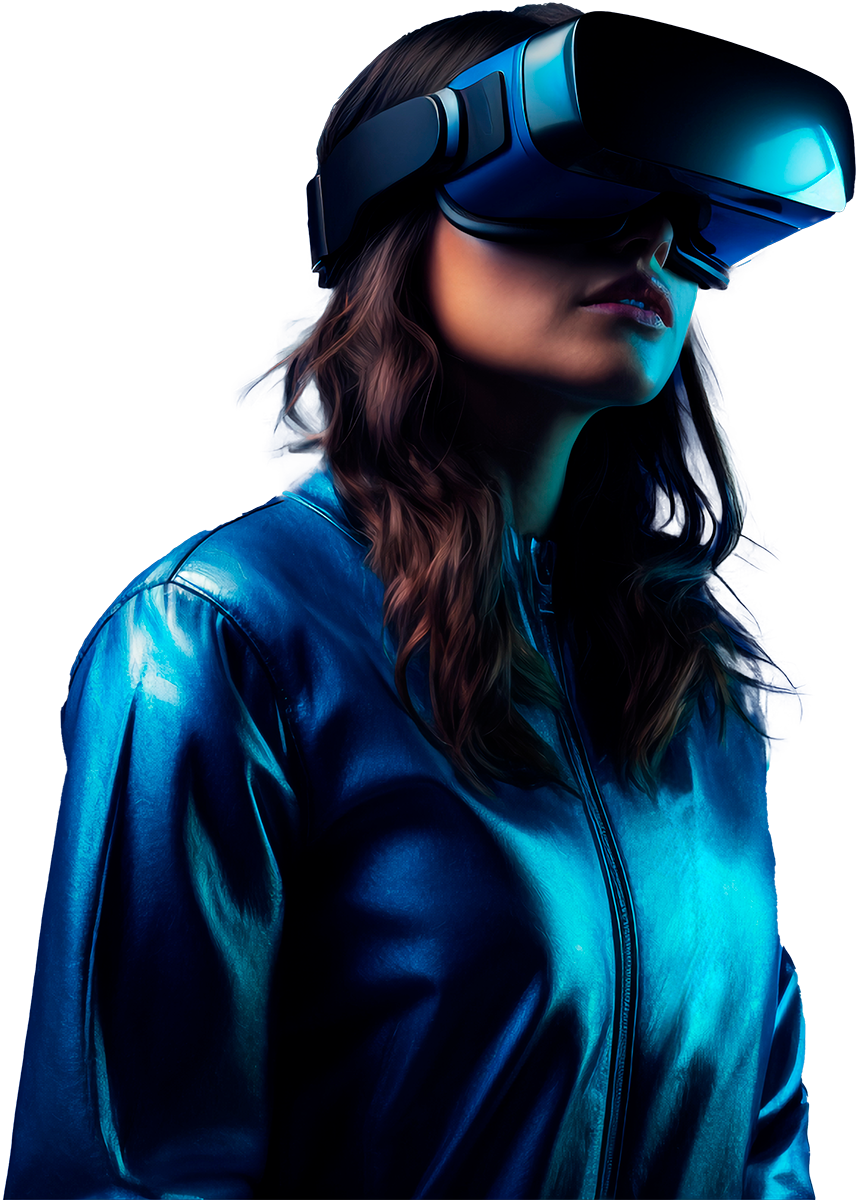 female-VR-featured Woman with medium skin and long dark hair wearing a dark jacket and black VR goggles, engaged in an immersive virtual experience.